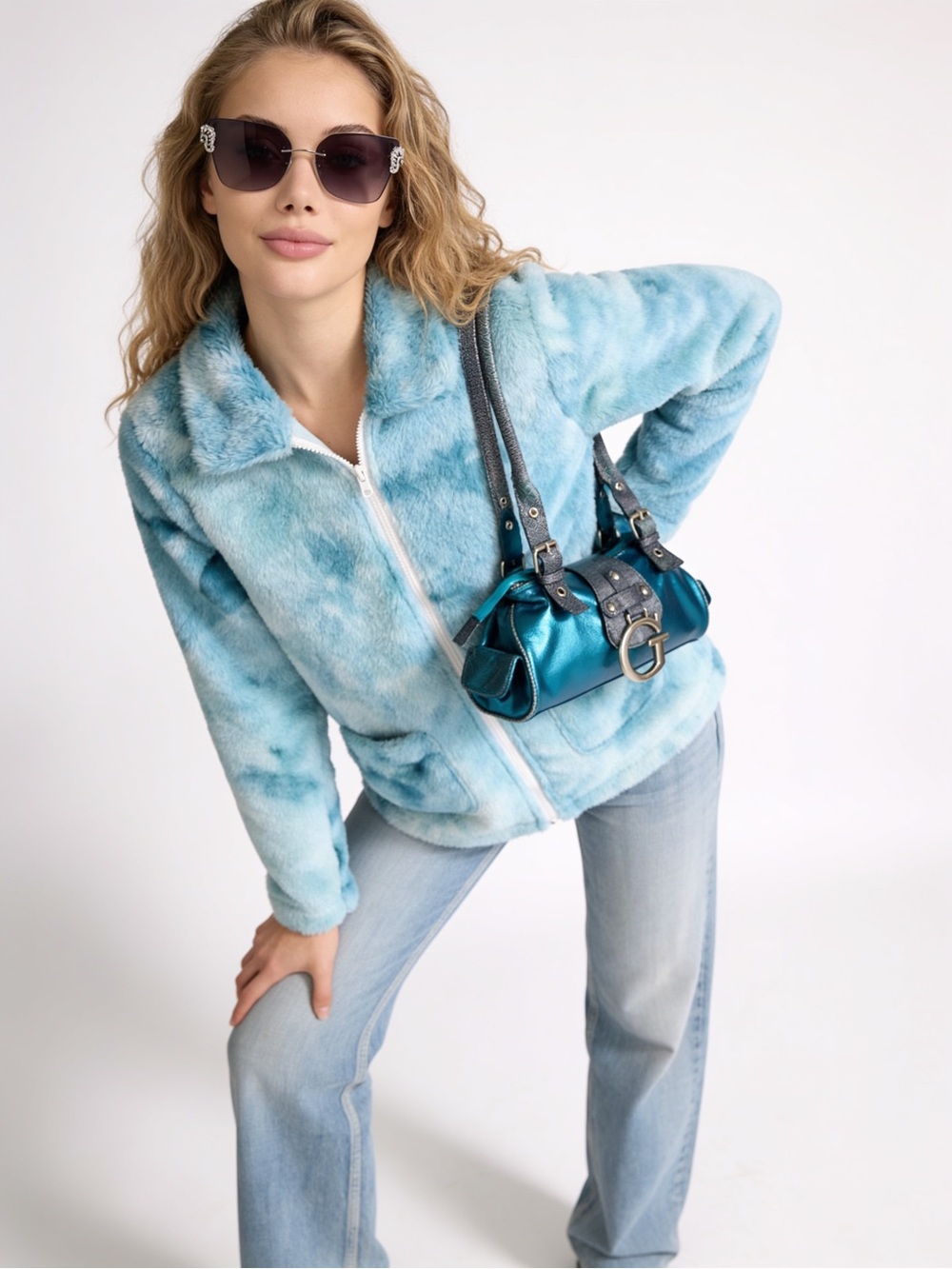 Light Blue Plush Faux-Fur Zip Teddy Jacket